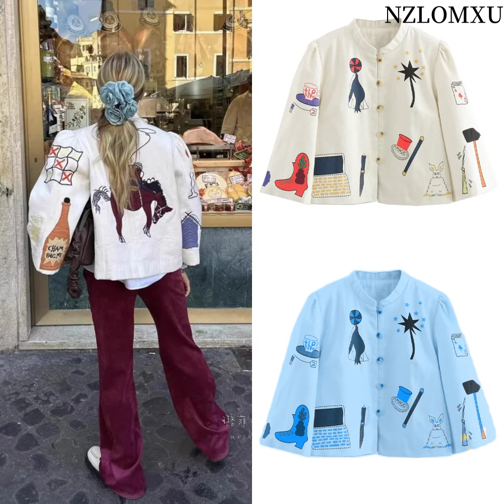 Embroidery Cartoons Printed Coat For Women Half High Collar Single Breasted Jacket 2025 Spring Summer Lady Casul Baseball Unifo