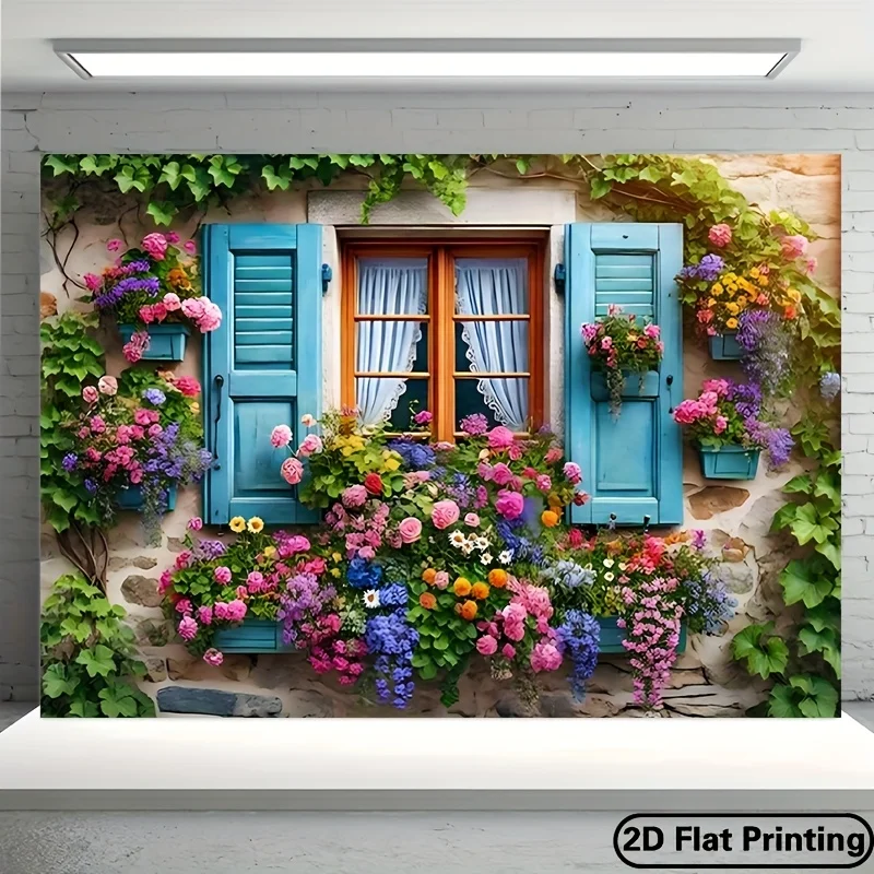VIKAMA European Flower Window Tapestry Colorful Blooms Stone Wall Country Scenery Wall Hanging Boho Bedroom Home