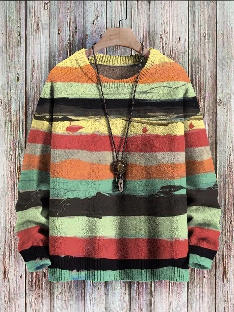 Winter Unisex Casual Knit Pullover Sweater Simple Striped & Simple Trendy Art Pattern 3D Printed Crewneck Knitted Sweaters