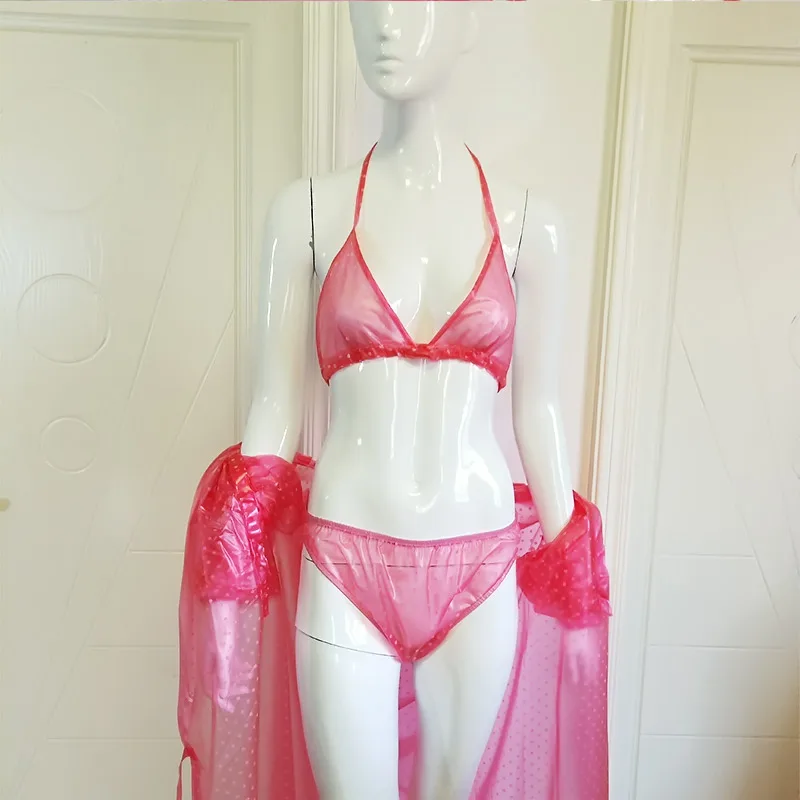大人のための透明なPVCフィルム,セクシーなビキニの3ピースセット,ベビーロー,風通しの良い下着セット