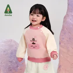 Amila Baby Sweatshirt 2024 Winter New Style Boys And Girls Cartoon Contrasting One-Piece Velvet Warm Soft Children's Pullover