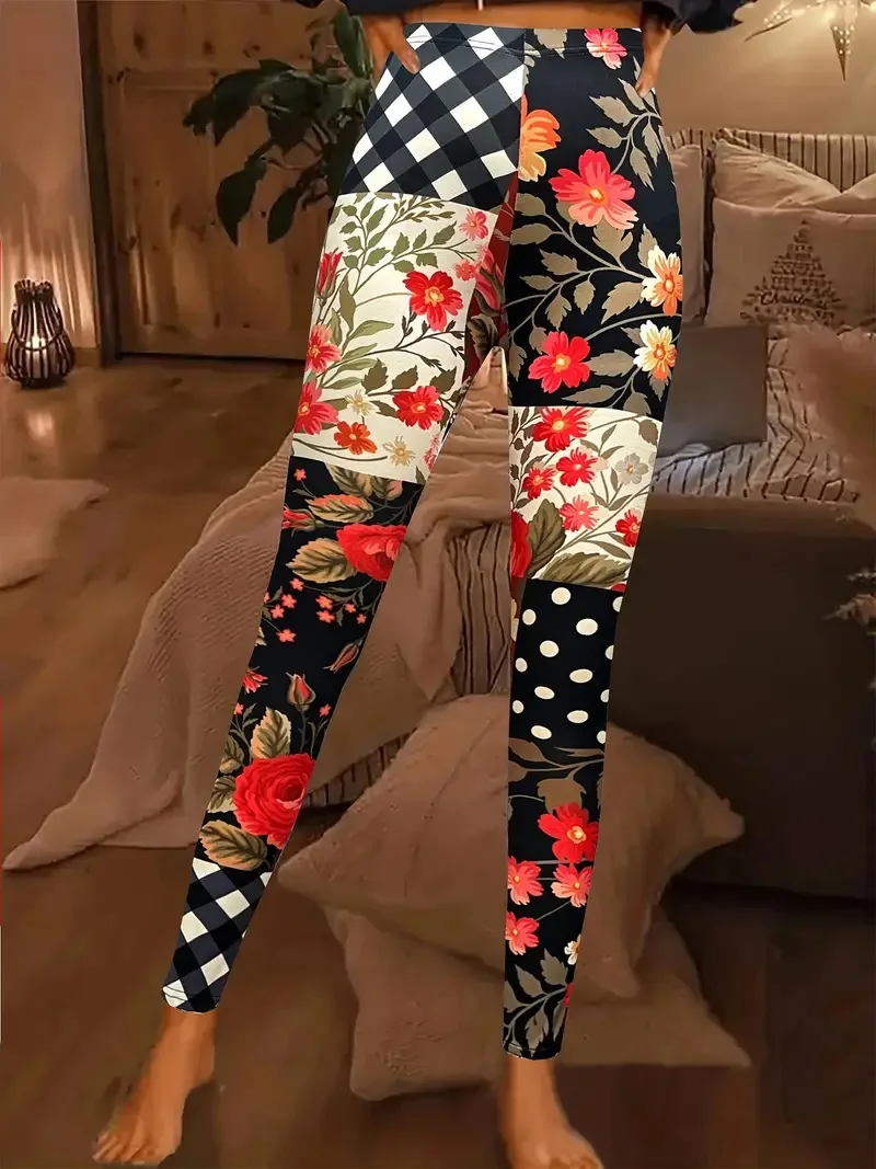 Floral print stretch slimming elastic waist tight casual base women