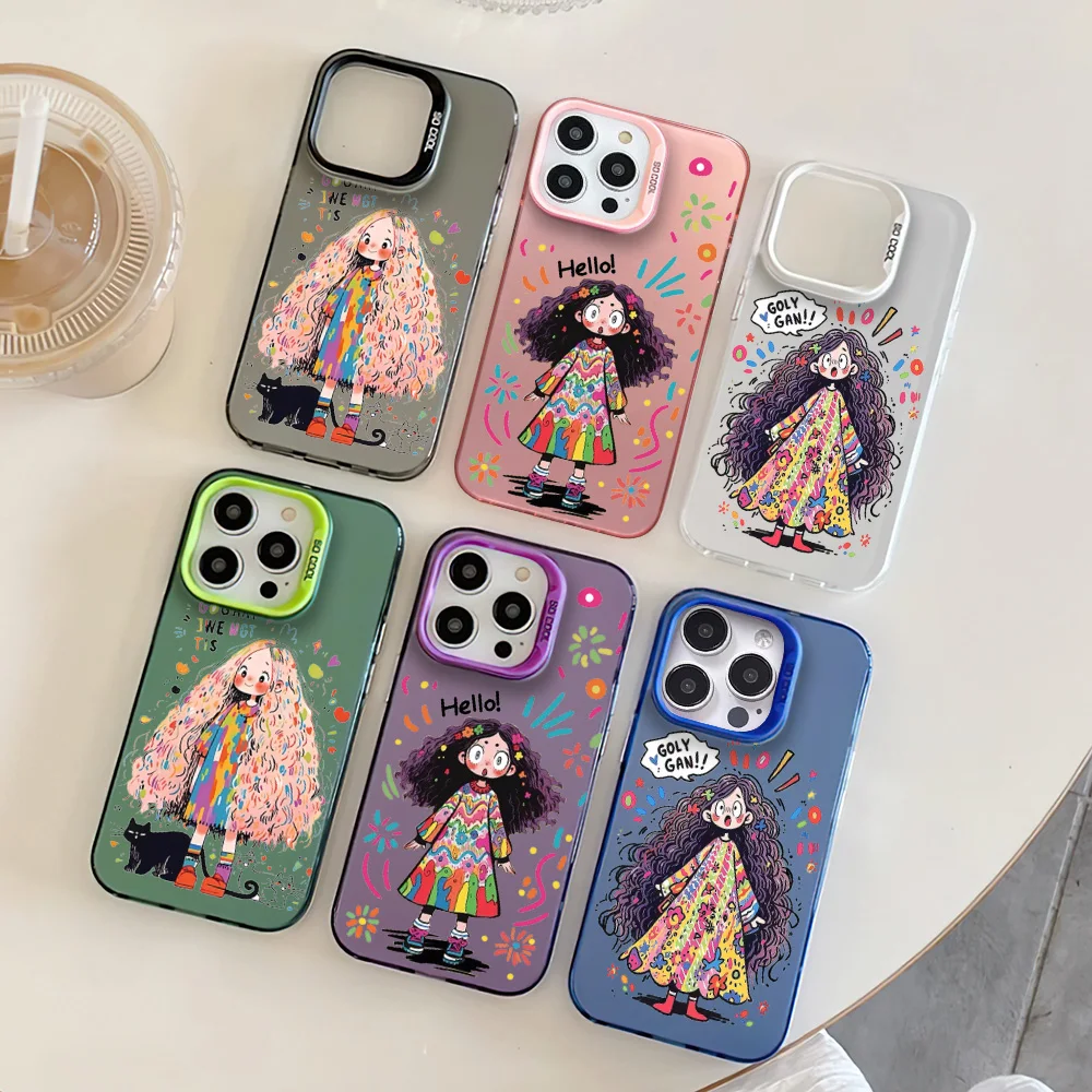 Dopamine haired graffiti girl Phone Case For iphone11 12 13 14 15 16 Pro Max Plus fashion laser colorful silver IMD cover