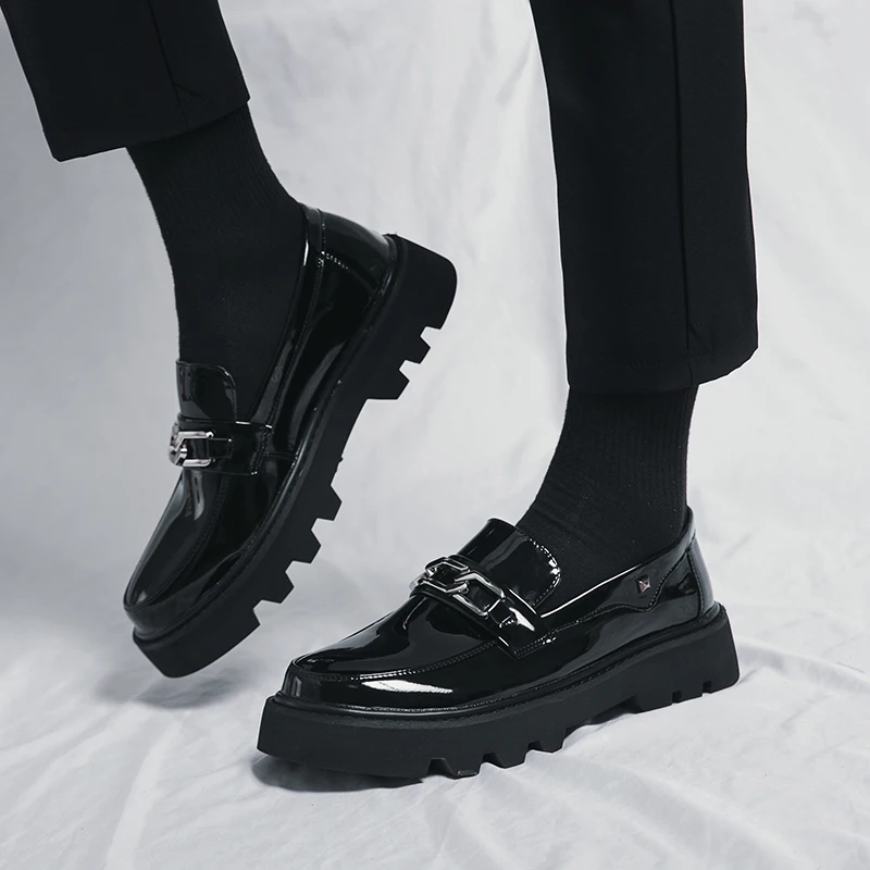 New Men Patent Leather Oxfords Slip On Thick Tottom For Male Derby Shoes Casual Original Loafers Mens Fashion Formal Dress Shoes