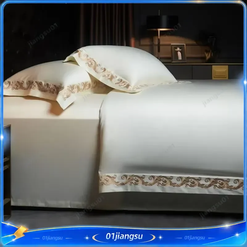 Luxury Gold Embroidery Bedding Set 1400TC Egyptian Cotton Soft Silky Queen King Duvet Cover Sheet Pillowcases Home Textile