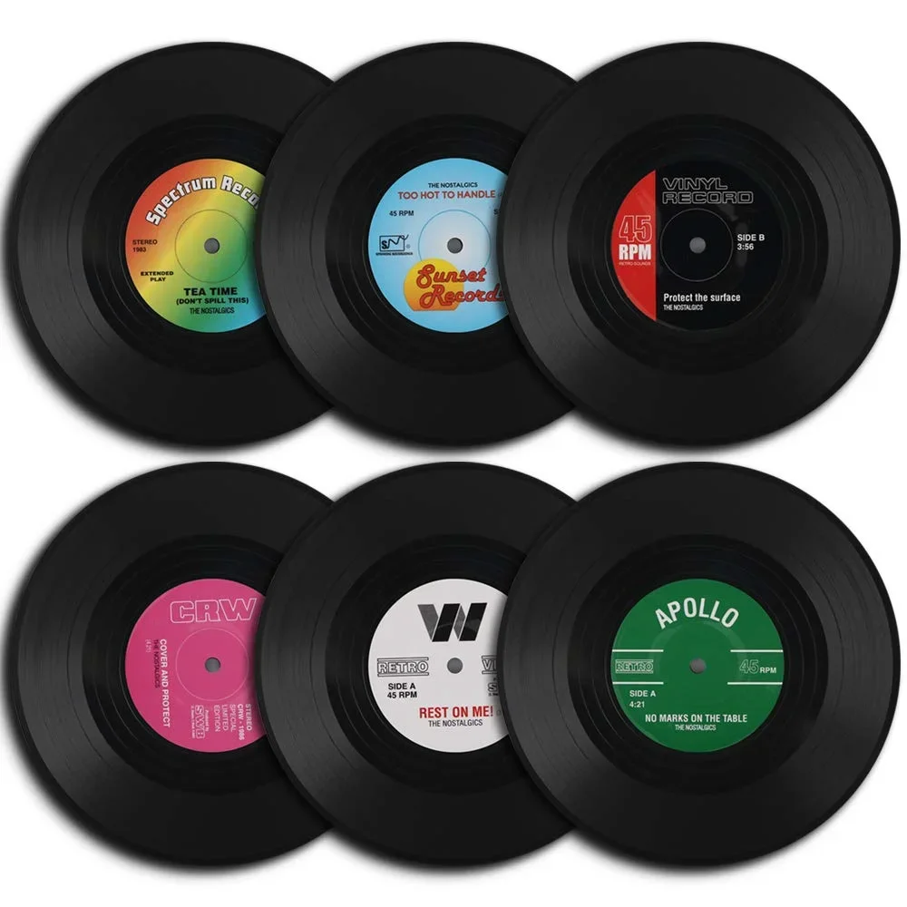 6Pcs Colorful Retro Vinyl Record Coasters, Drink Cup Mats for Home Bar Coffee Table Decor, Gift for Music Lovers