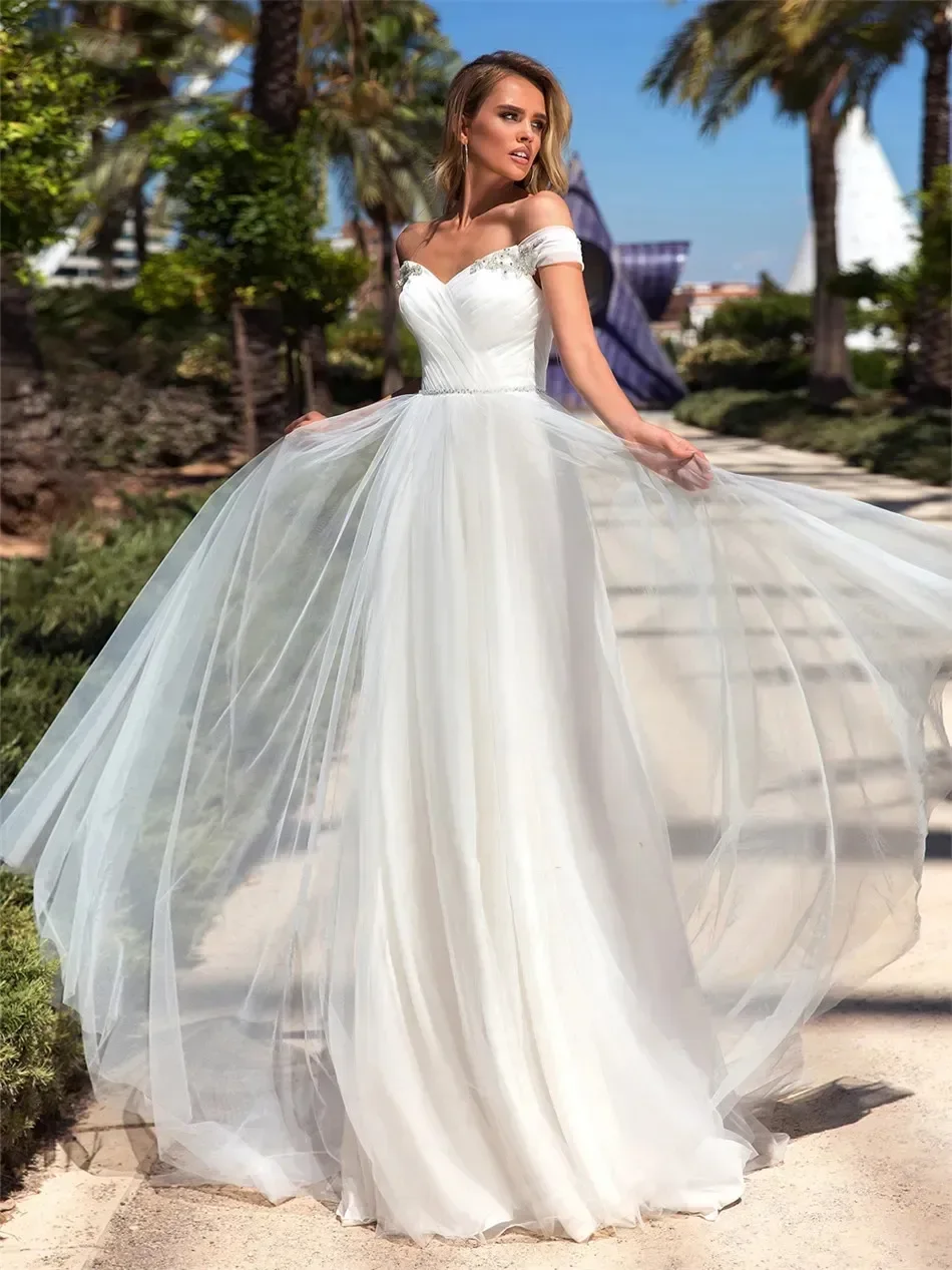 

Customized Elegant And Minimalist Off Shoulder A-Line V-Neck Sexy Wedding Dress With Pearl Crystal Chiffon Ball bridal Dress
