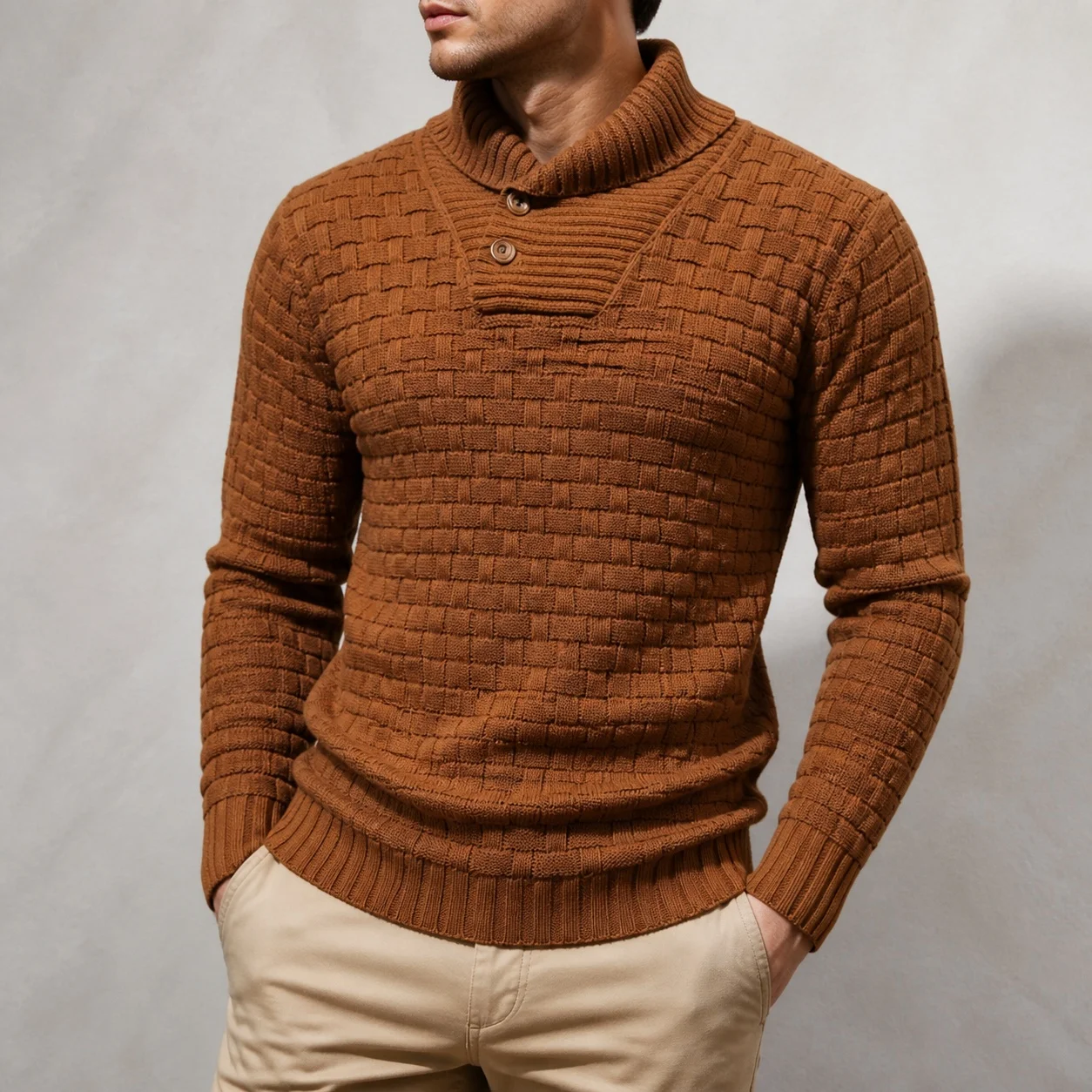 Round Neck Pullover Sweater Straight Fit Minimalist with Thick Crew Neck Badge Detail Summer Spring Autumn Sweater for Men