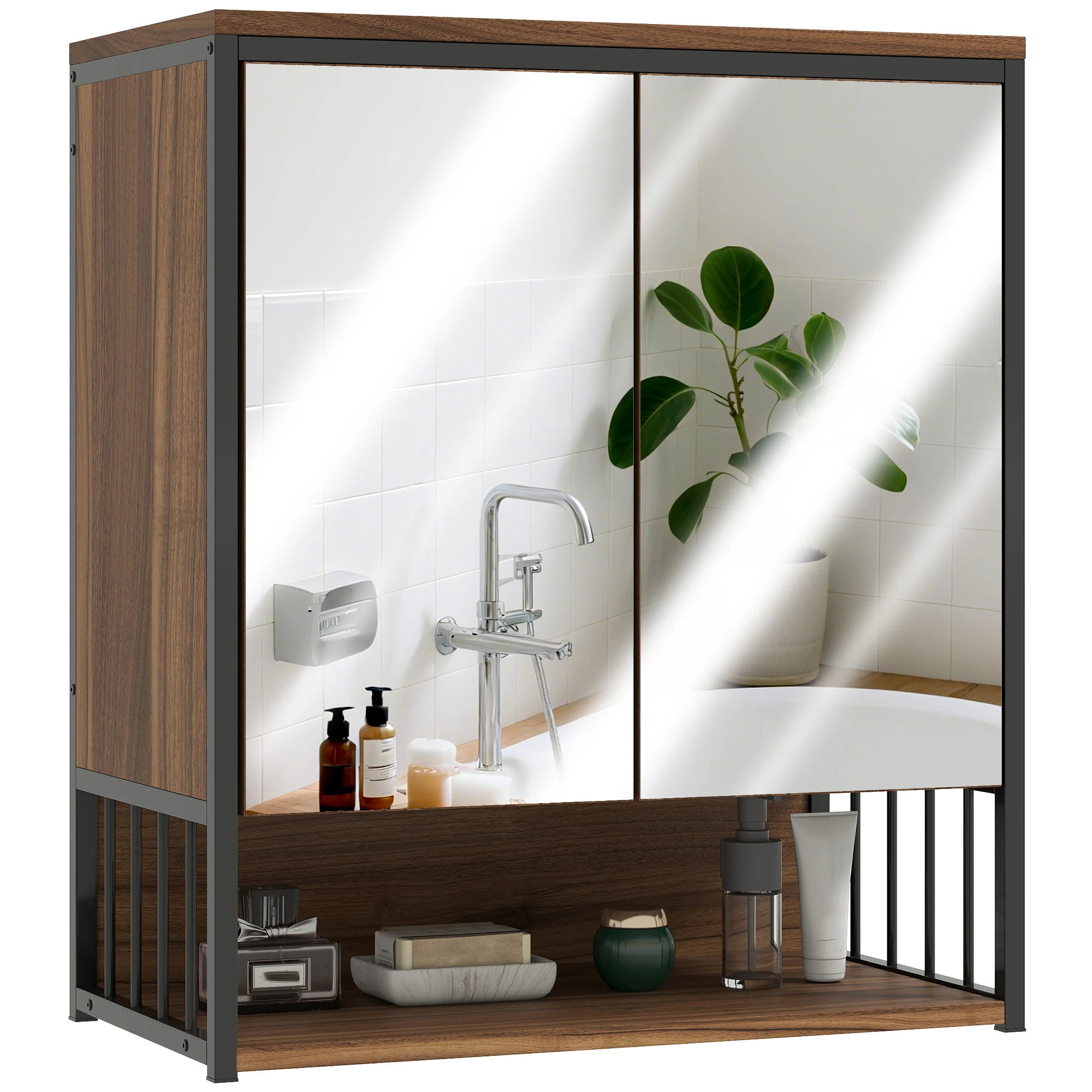 HOMCOM Armoire murale salle de bain avec miroir 56x65 cm avec compartiment ouvert, meuble salle de bain, armoire de toilette porte à fermeture en douceur, marron