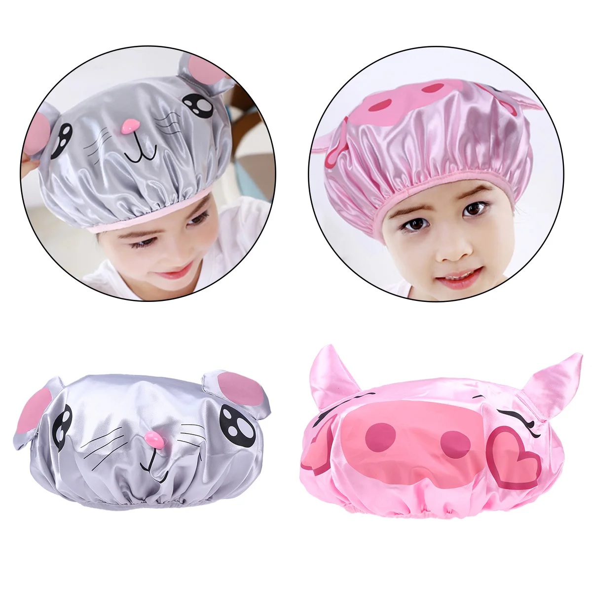 

2Pc Baby PVC Waterproof Cartoon Little Mouse and Pink Pig Shower Satin Bathing Hat Shower for Children Kids