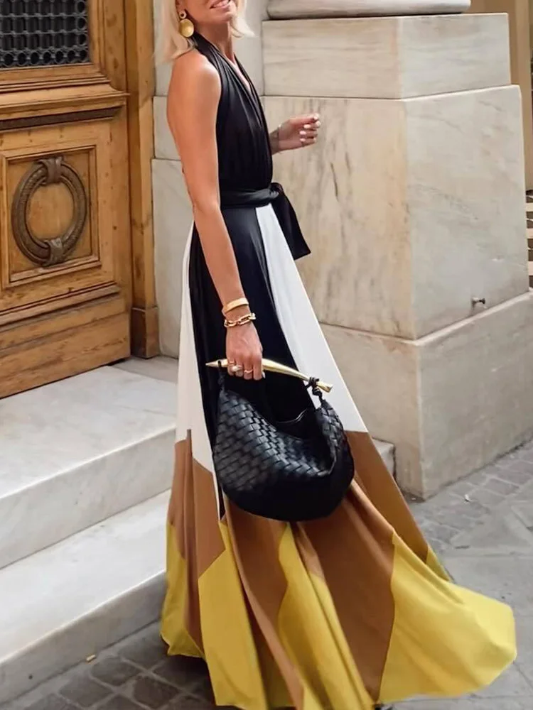 

Простое платье макси без рукавов с принтом в стиле пэчворк, женское летнее модное шикарное вечернее платье с глубоким v-образным вырезом, новое свободное женское платье с открытой спиной