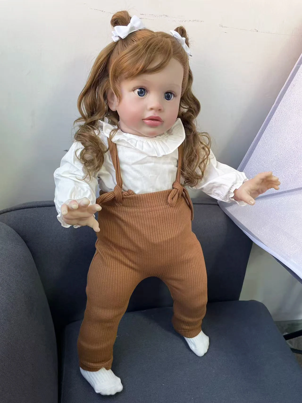 25Inch Multiple Layers Painting Skin Pippa Reborn Doll Wearing White Long Sleeves and Brown Suspender Pants Hand Root Hair