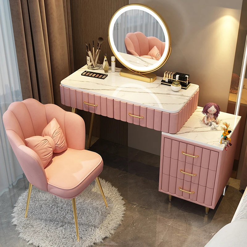 Table de maquillage rose pour femmes, meuble de rangement, commode miroir, meuble de maison