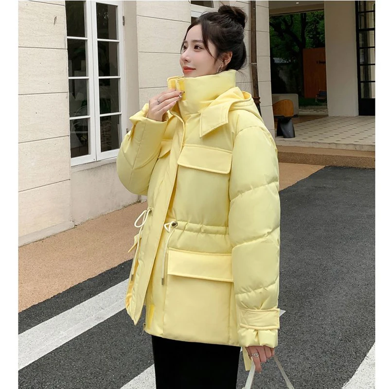 Gidyq Winter Thick Warm Parkas Women Fashion Designed Drawstring Loose Down Jacket Casual Female Big Pocket Korean Puffty Coats