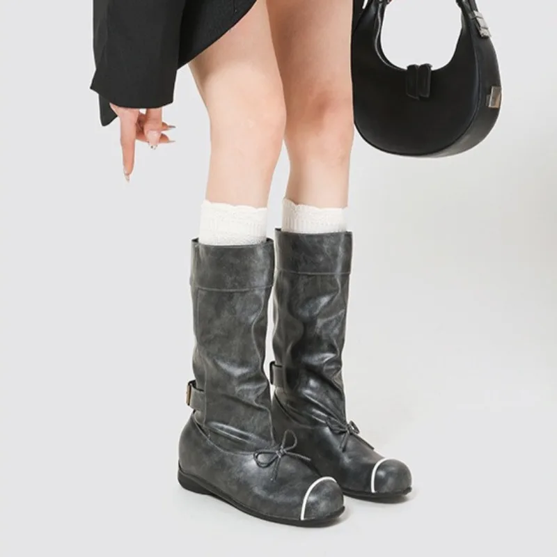 

Модные женские сапоги с бантом, ретро-дизайн, кожаные, на толстом каблуке, женские рыцарские сапоги, высококачественная удобная женская обувь, Botas Mujer