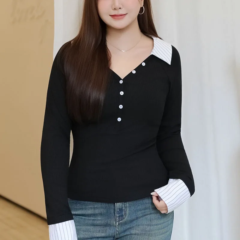 

Модная женская футболка больших размеров премиум-класса из двух частей, топы с завязанной талией, футболки с лацканами с блокировкой цвета 9311