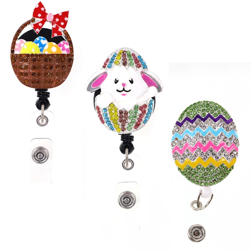 New Arrival Mix Easter Egg Bunny Festival Alloy Rhinestone Retractable Nurse Badge Reel Holder ID Name Card Nurse Accessories