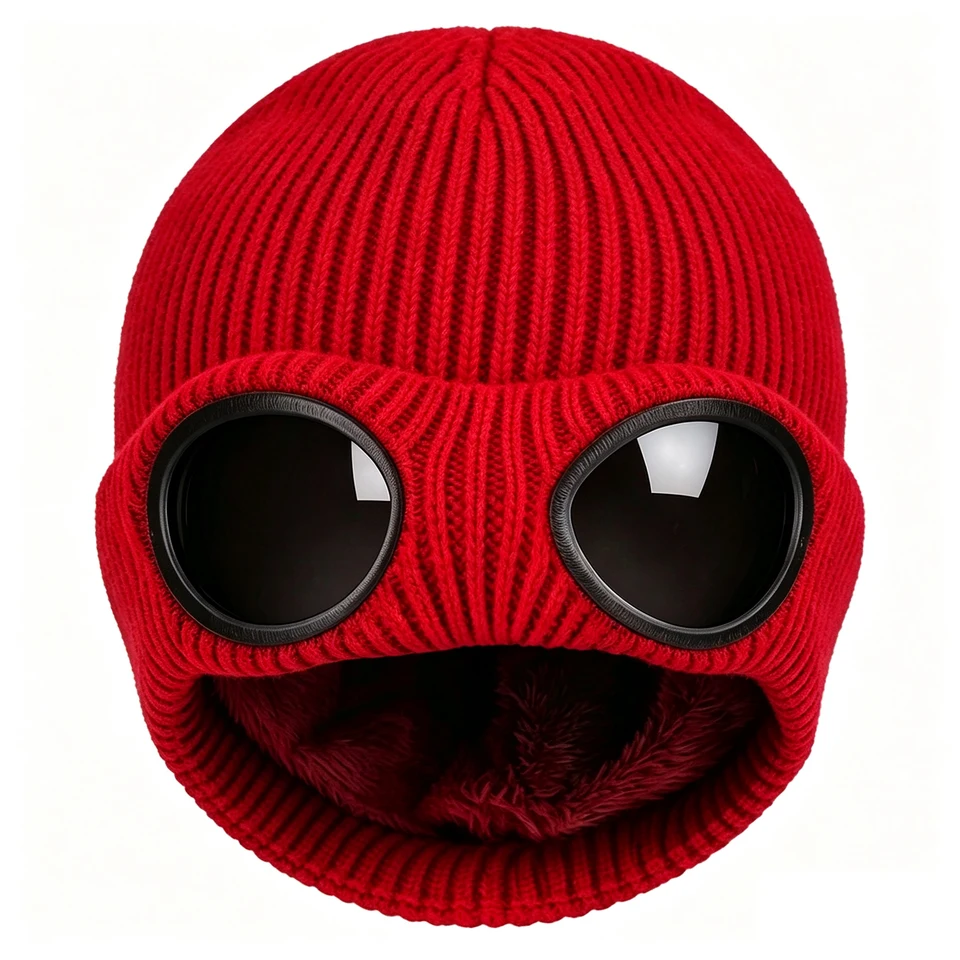 Knit Beanie Hat with Goggles Windproof Skull Cap for Men Women Fleece Lined Acrylic Warm Winter Hat Less Static Stretch Black, image 10