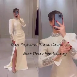 Ray Fashion Mermaid Evening Dress Satin High Neck With Long Sleeves Crystal For Formal Occasion فساتين سهرة Saudi Arabia