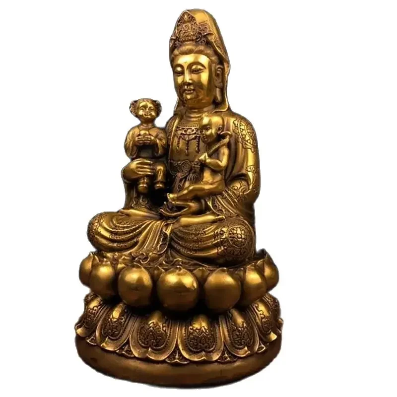 Exquisite brass and gold decoration, lotus flower for giving birth, Guanyin for boys and girls, brass Guanyin Buddha statue dec