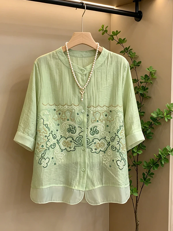 

Loose Fit Embroidered Short Sleeve Chiffon Shirt plus Size Summer New Style Women's Fashion Belly Covering Slimming Top