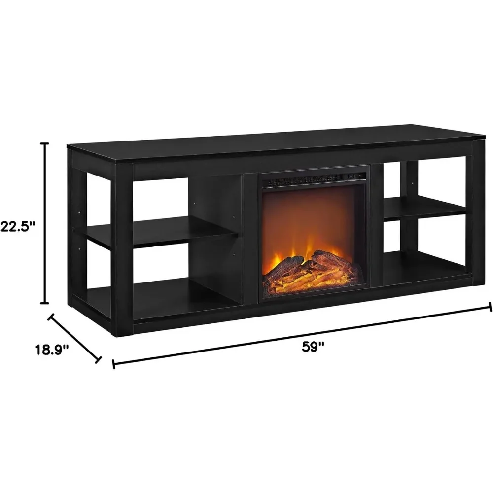 Black TV Stand com lareira, lareira elétrica doméstica, decoração, 65"