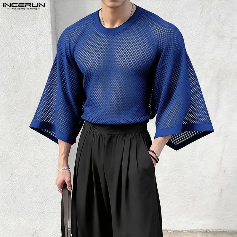 INCERUN T-shirt Homme Uni en Maille Transparente Sexy Oversize Vêtements Streetwear 2026 Manches 3/4