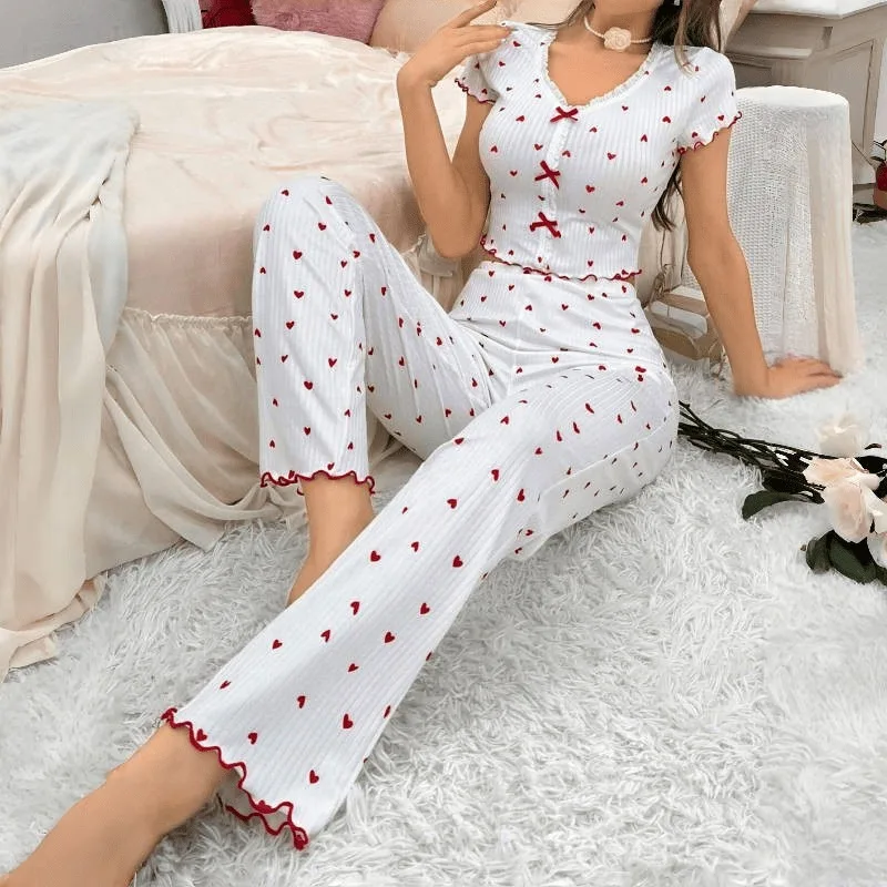 

Women Plus Size Pajamas Printed Love Heart V-Neck Short Sleeve Sleepwear Trousers Loungewear Two-Piece Set Sexy Nightwear