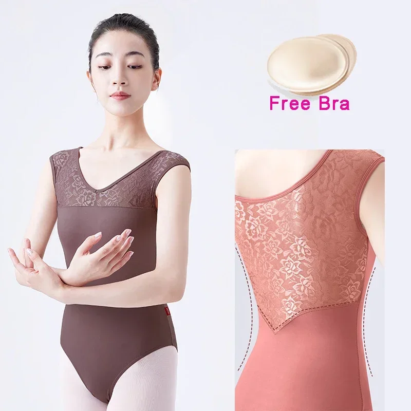 Cosdea Adult Women Ballet Leotard Gymnastics Costume Lace Splice Dance Wear Backless Ballet Bodysuit