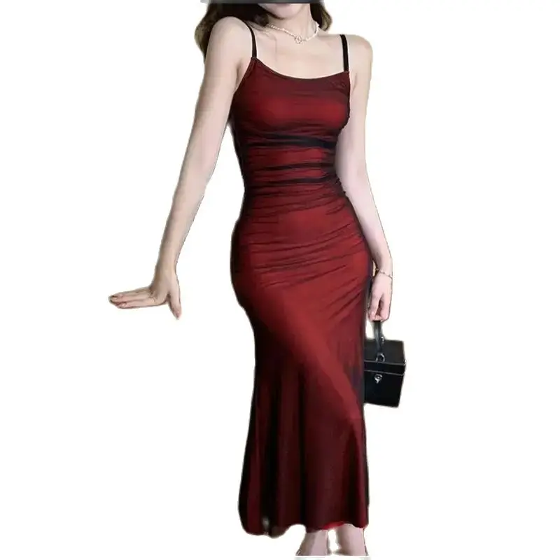 Sexy High Waist Skinny Sling Dresses for Summer Women\'s Dress 2024 NEW Mesh Strapless Sleeveless Solid maxi Dress for ladies