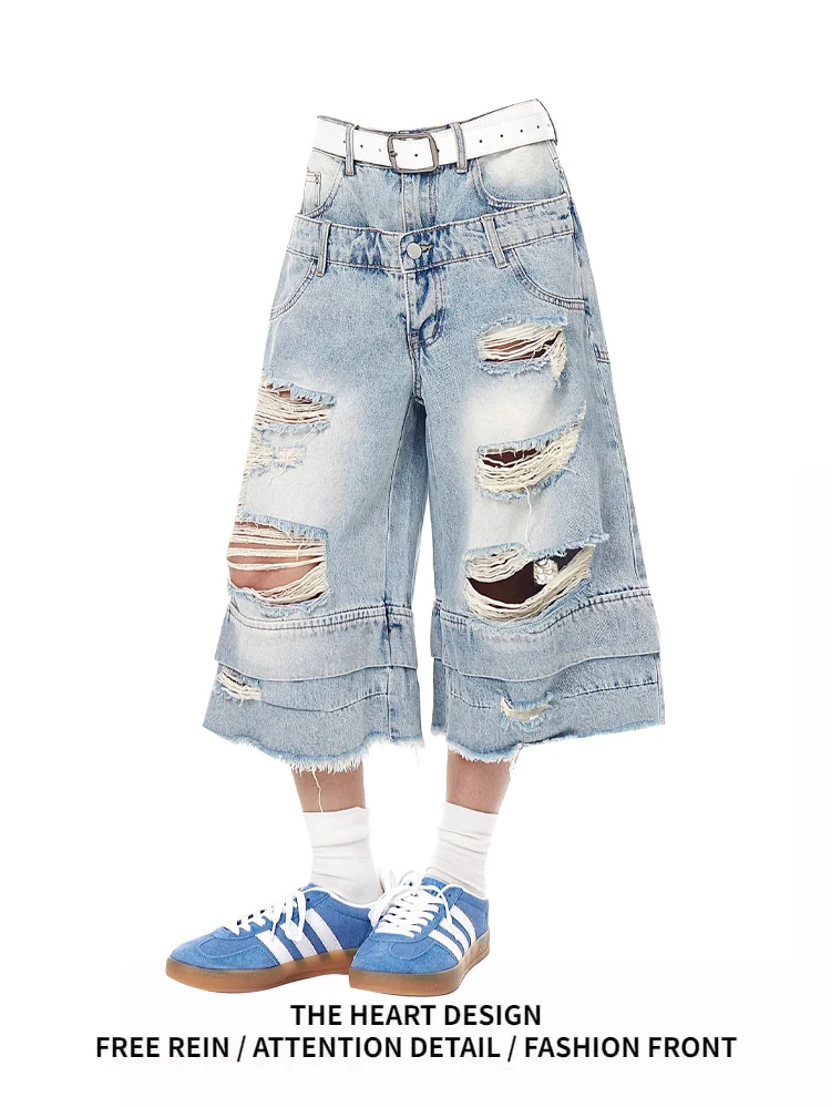 

Retro American Hot Girl Distred Seven-quarter Denim orts Loose Straight Leg High Waist Blue Casual Wear Summer New Sle