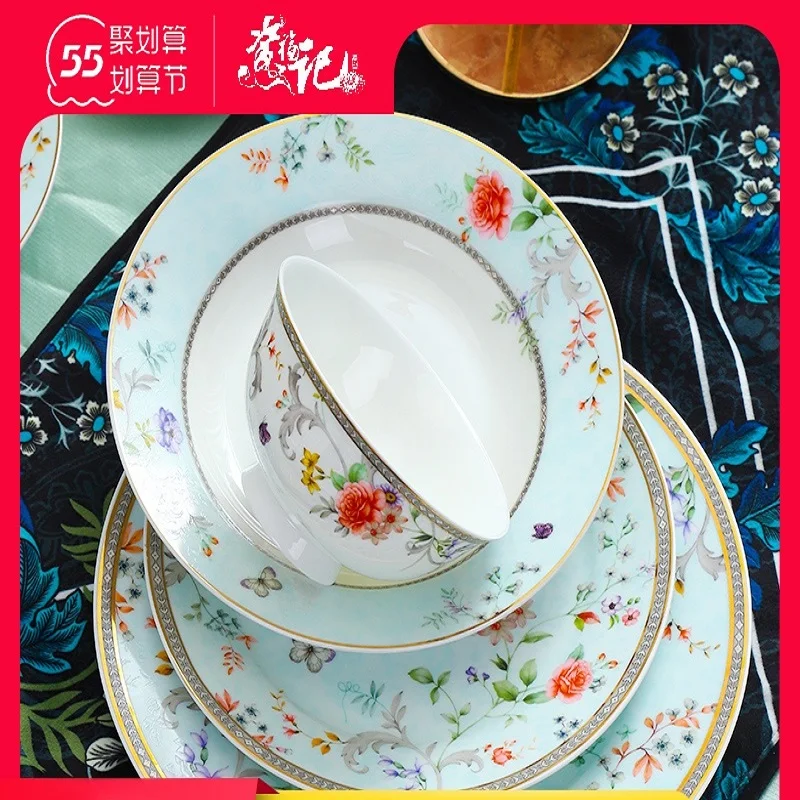 Jingdezhen bowl and plate ceramic tableware set Bone China Creative porcelain bowl and plate set creative rice bowl and Dish Set