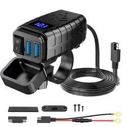 QC 3.0 Dual USB Motorcycle Quicker Charger with Voltmeter & Switch Quick Disconnect SAE to USB Adapter for Phone, Tablet, GPS