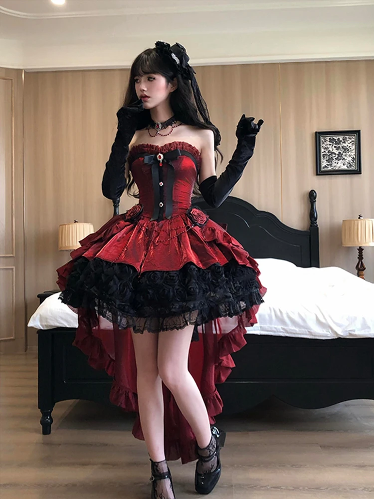 Robes de princesse gothiques rétro élégantes, sans manches, épaules dénudées, nœud, fleur 3D, chaîne de perles, taille haute, Mini robe moelleuse Lolita pour femmes