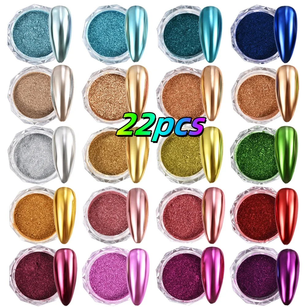 

22pcs/Set Magic Mirror Chrome Nail Powder Rubbing Chrome Pigment Metallic Holographic Glitter Dust Gel Polish DIY Nail Decors *&