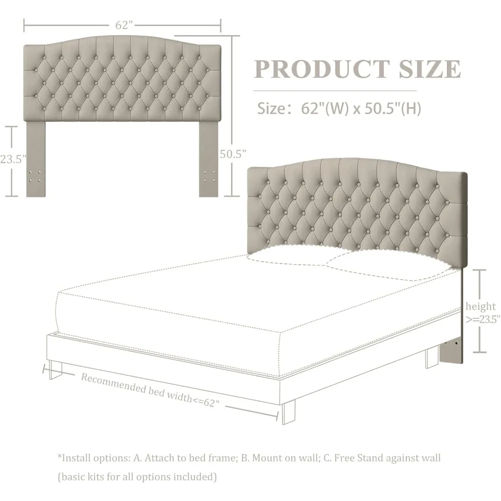 Testiera Queen/Full Size in velluto - montabile a parete, compatibile con struttura letto, imbottitura in spugna ad alta densità, comfort lussuoso, moderno