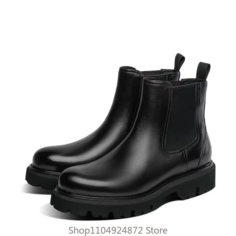 British-style Men's High-top Chelsea Boots Genuine Leather Thick-soled Business Ankle Boots Outdoor Hiking Work Boots