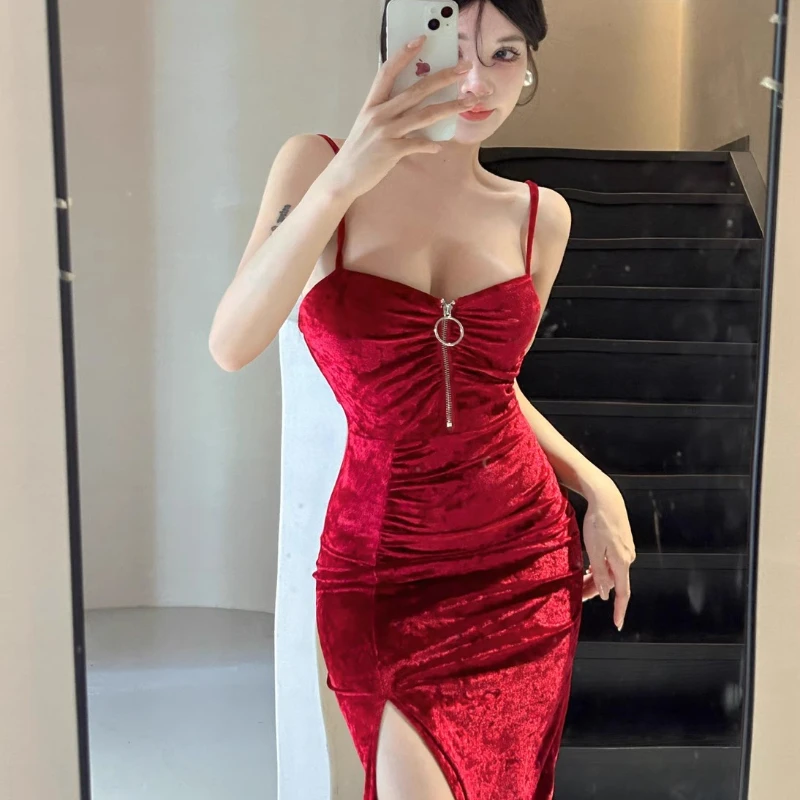 Sexy Velvet Banquet Dress Sexy High Waist Split Mid Length Low Cut Zippered Annual Party Dress Ladies Elegant Sheath Club Dress