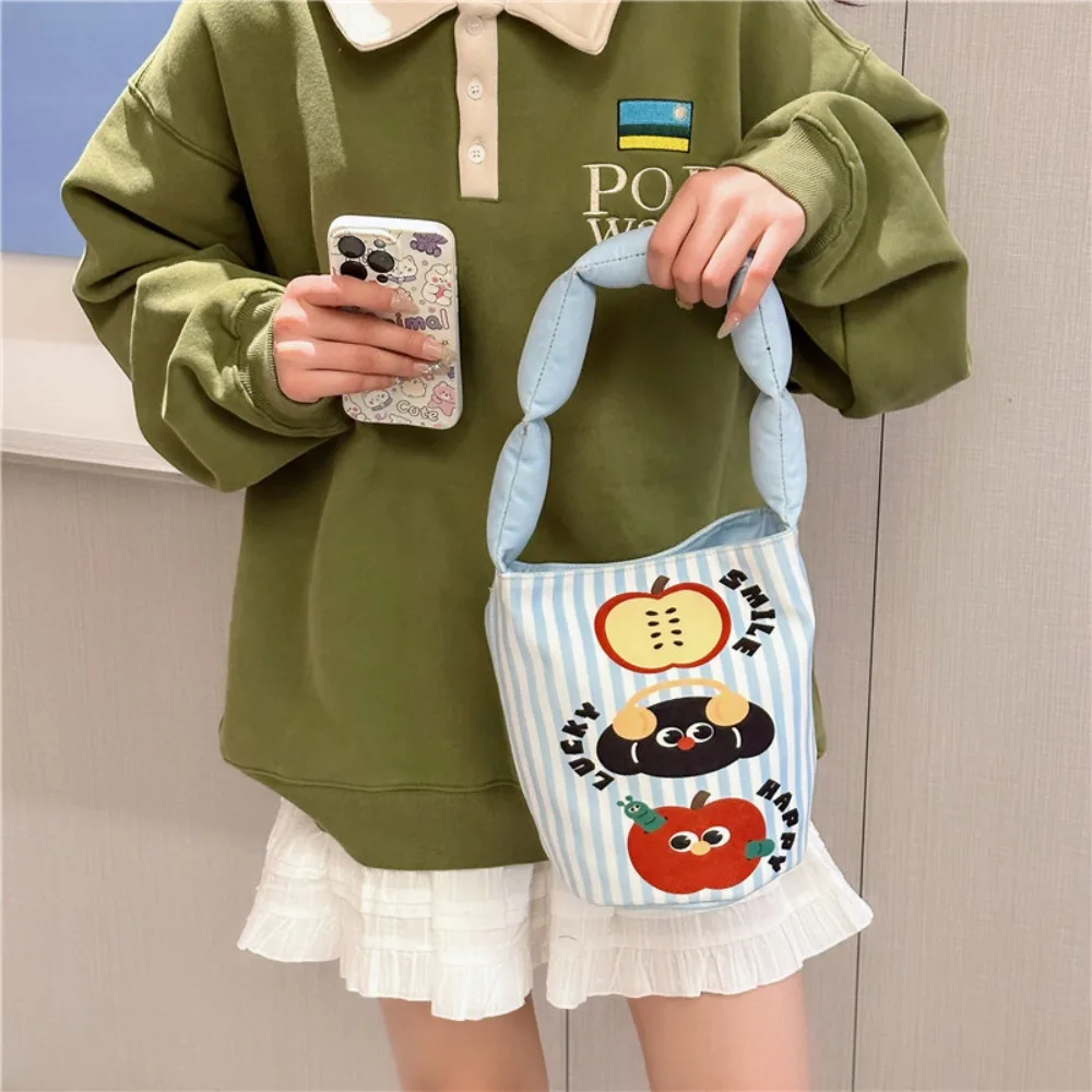 Cartoon Graffiti Print Bag Large Capacity Canvas Cute Bucket Lunch Bag Snap Handbags Shopping Bag Cosmetics Storage Handbag