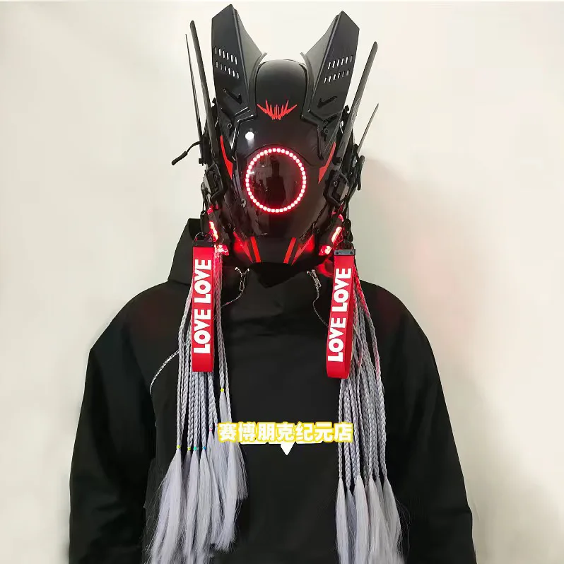 Triangle Light Festival LED Light Techno Sense Cyberpunk Mask Round Light Wing Braid Boy Helmet Cosplay Mask  Mascaras