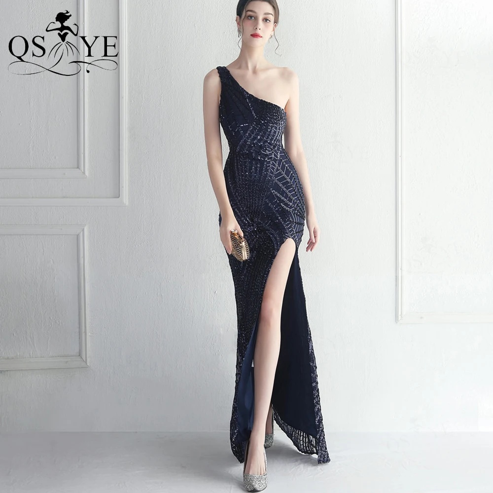 

Simple One Shoulder Navy Prom Dresses Unique Lace Pattern Sequin Evening Gown Sexy Split Dark Blue Formal Party Gown Slim Chic