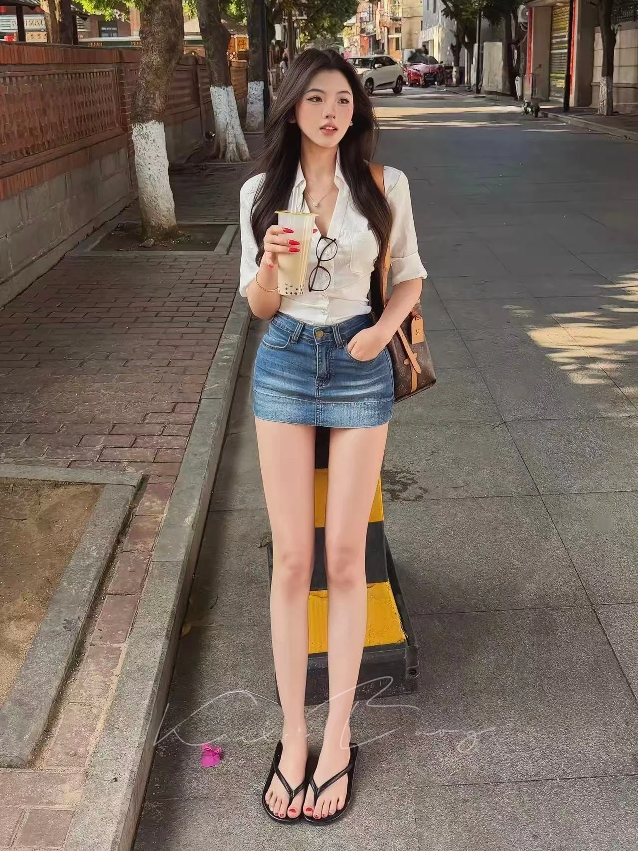 

Summer 2026 Women's White Tie-Dress Shirt And Blue High-Waisted Short Skirt Two-Piece Set Korean Style Full Hip Fashion Ensemble