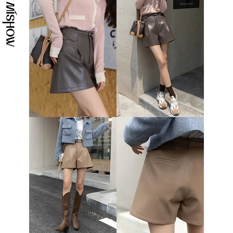 MISHOW 2021 Autumn Shorts For Women Leather Short Pants High Waist Wide Leg Short Trousers Sexy Female Clothing  MXA33K0048