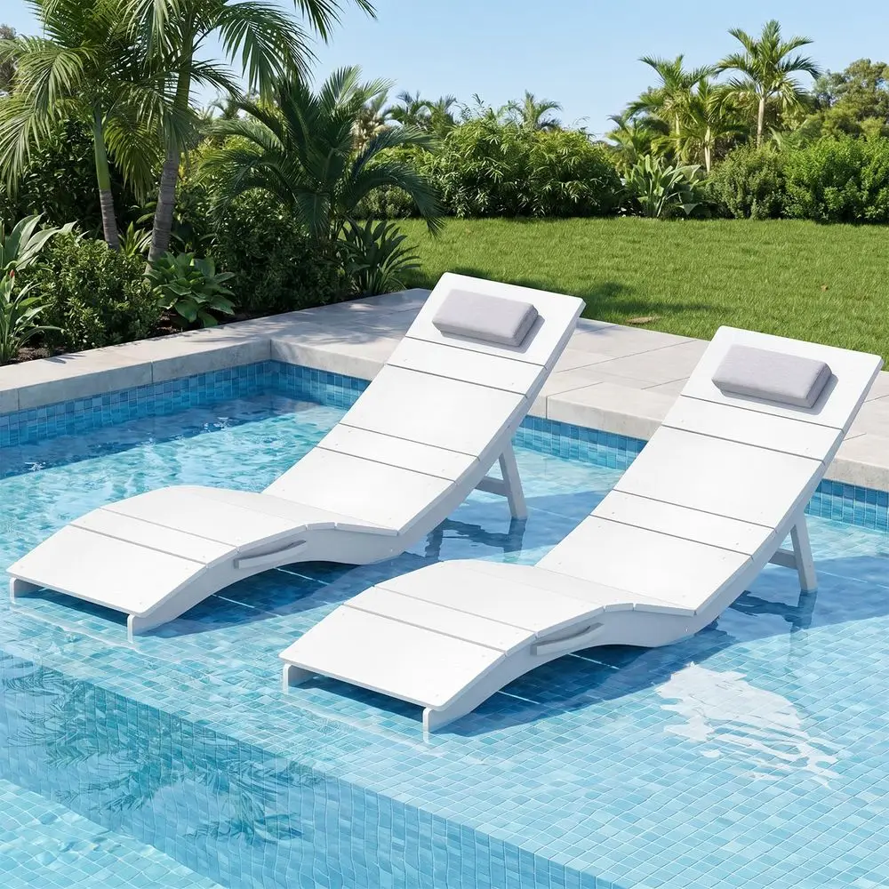 

Folding Pool Lounge Chairs Set of 2, Heavy Duty HIPS AntiFloating Outdoor Chaise with Headrest for Hotel, Beach, Sun Deck, Whit