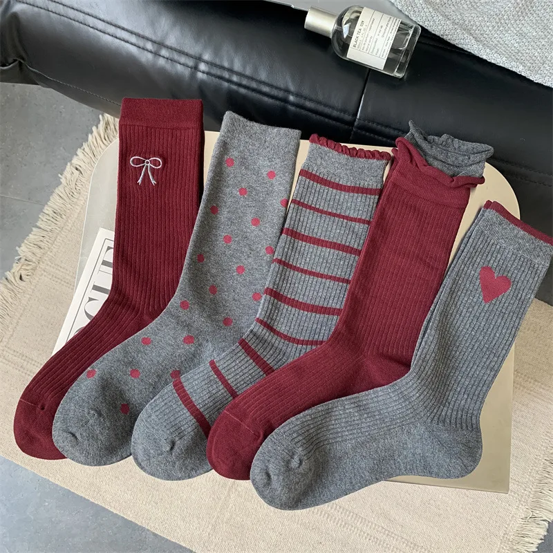 1/5pairs Ankle Socks Women Retro Cute Kawaii Korean Stocking Girls Autumn and Winter Red Middle Tube Sox