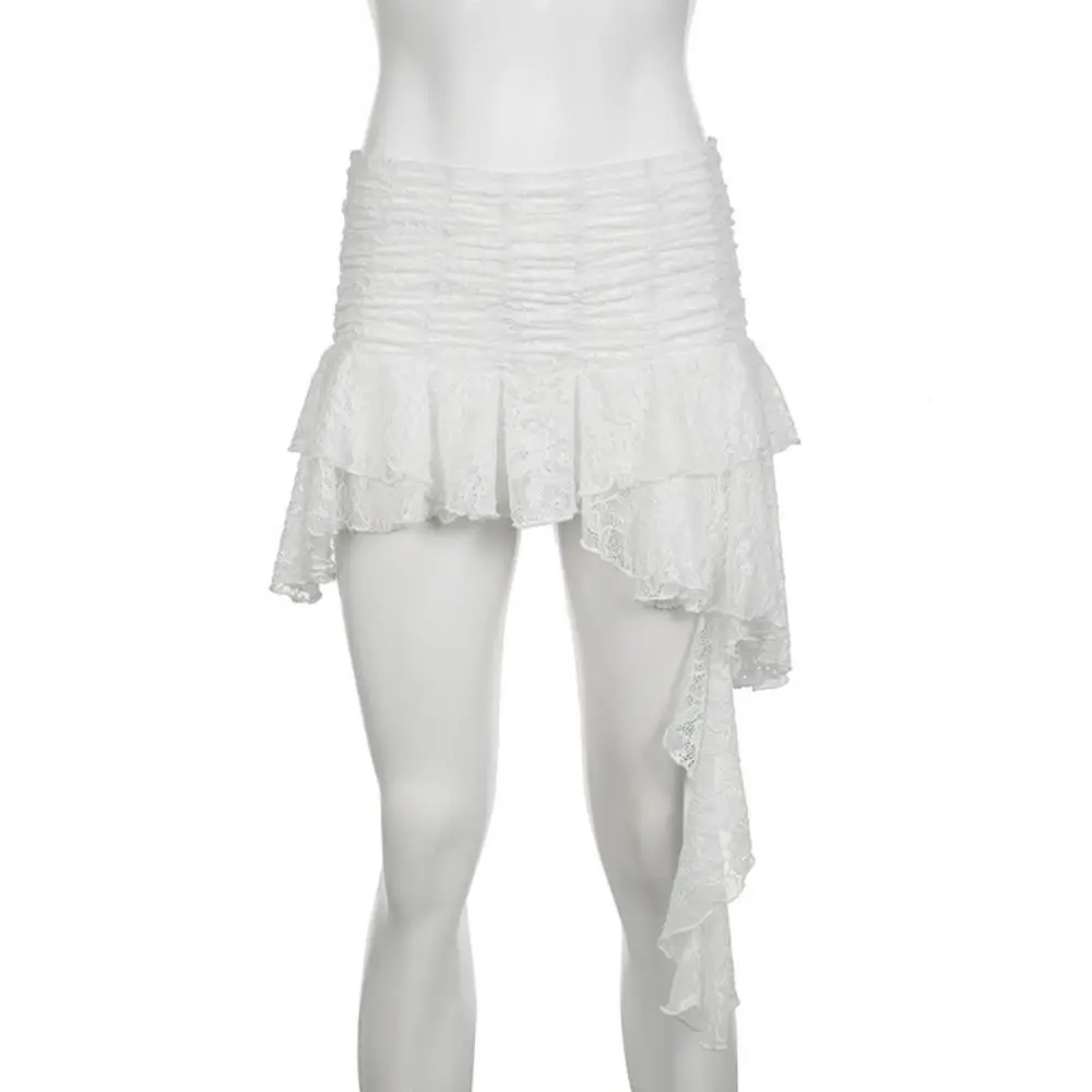 

Polyester Bohemian Lace Skirt High Waist Low Waist Lace Trim Skirt Asymmetrical Design Black White Ruffled Short Skirt