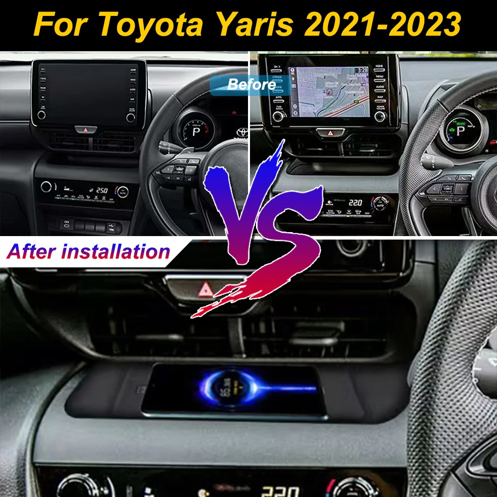 2 Din for Toyota Yaris 2021-2023 Car Wireless Mobile Phone Charger Center Console Storage 18W iphone fast charge plate holder