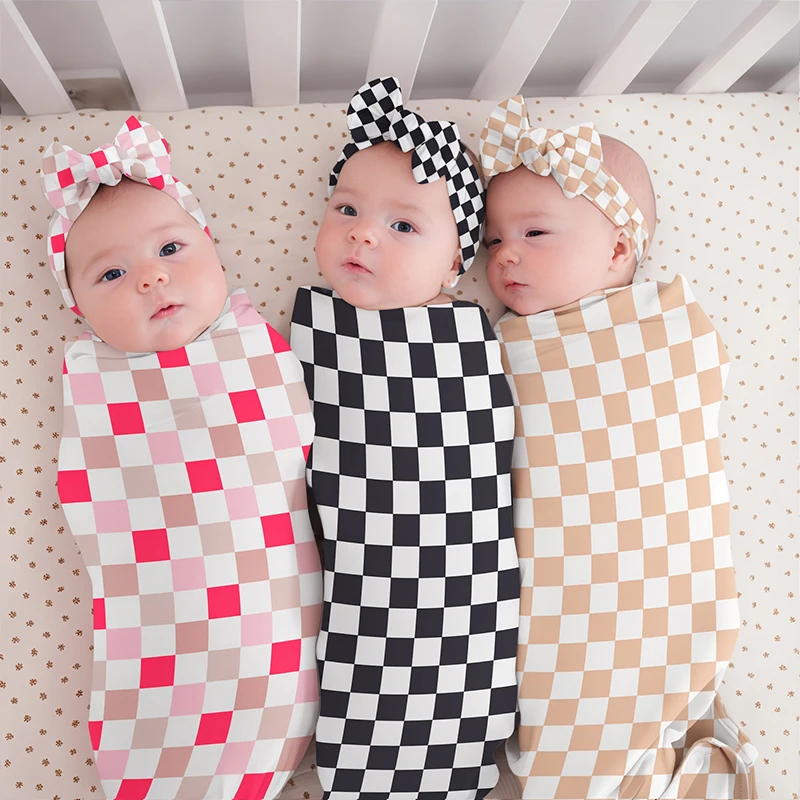 

Newborn Swaddle Blanket And Hat Set Grid Boys Girls Checkered Baby Swaddle Blanket Wrap Photography Props Set of 3