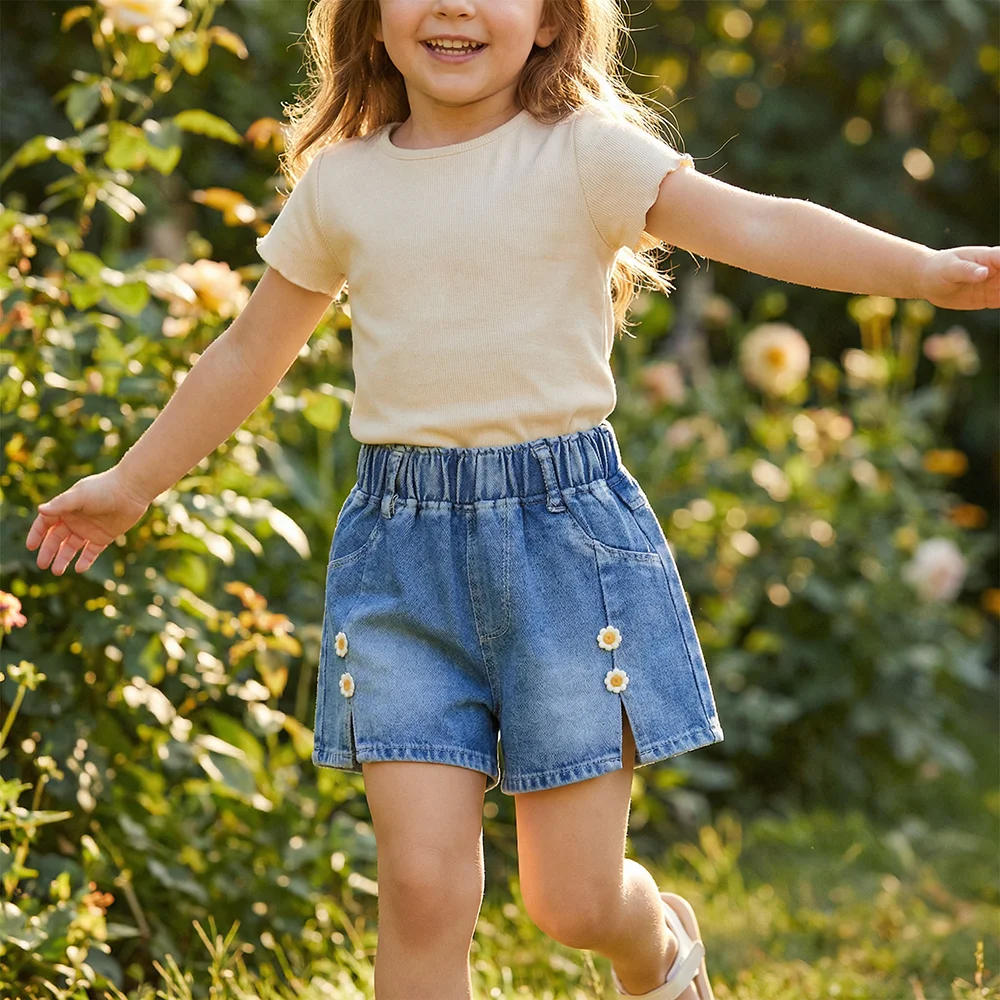 2026 Summer Kids Shorts 4-8T Comfortable Thin Cherry Children Half Pants Sweet Flower Bow Girls Denim Shorts