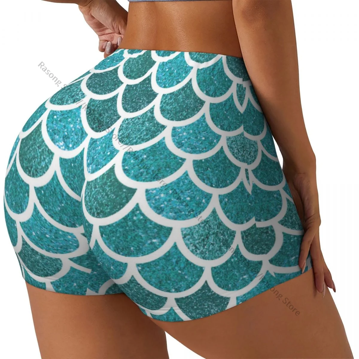 Sexy tight hip sports shorts Teal Mermaid Scales fitness women's comfortable yoga shorts